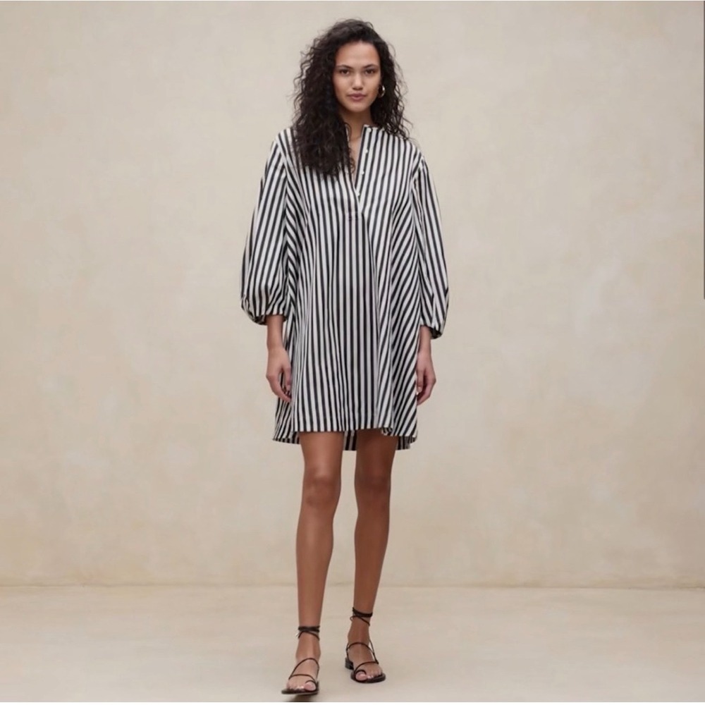 Banana Republic Striped Cotton Poplin Lantern Sleeve Shirt Dress Black White M T